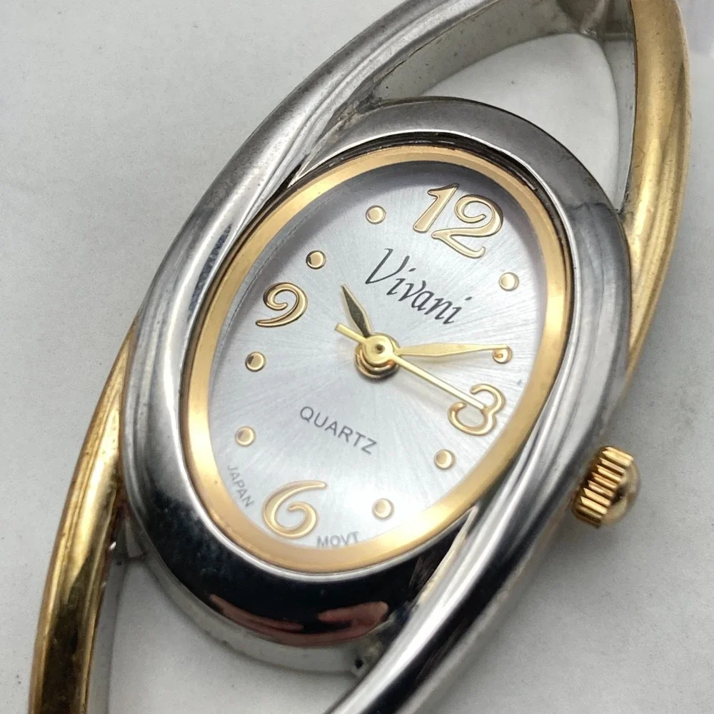 Vivani Women's Watch Cuff Silver Gold Two Tone 20mm Oval New Battery 6.5